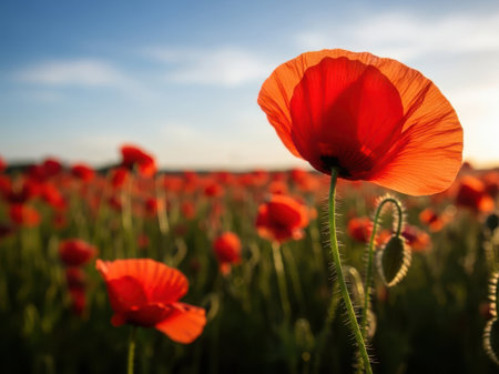 A close-up of a single, radiant red poppy flower standing tall amidst a field of poppies under a clear blue sky, capturing the essence of nature's beauty.の素材