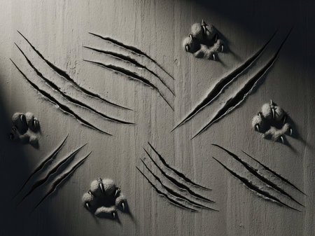 Close-up view of an abstract metal surface featuring distinctive scratches and dents, creating a textured and industrial aesthetic. Ideal for backgrounds and design elements.の素材