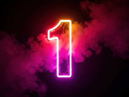 A striking image featuring a neon-lit number one surrounded by vibrant, swirling smoke in shades of pink and purple, creating a dynamic and eye-catching visual effect perfect for modern design and advertising.の素材