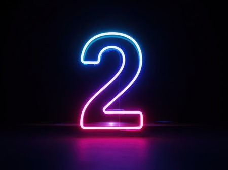 A vibrant neon sign displaying the number two with a striking blue and pink glow, set against a dark background. Perfect for modern decor, events, or digital art.の素材