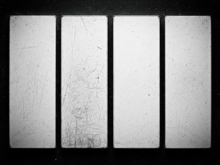 A close-up photograph of vintage film strips featuring visible scratches and imperfections, captured in black and white. The image evokes a sense of nostalgia and the passage of time, ideal for retro-themed projects and designs.の素材