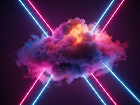 A stunning image of a cloud formation illuminated by neon lights in shades of pink, blue, and purple, creating a surreal and futuristic atmosphere.の素材