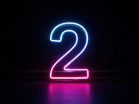 A striking neon sign displaying the number two with a vivid blue upper half and a pink lower half, set against a dark background. Ideal for modern decor, advertising, or digital art projects.の素材