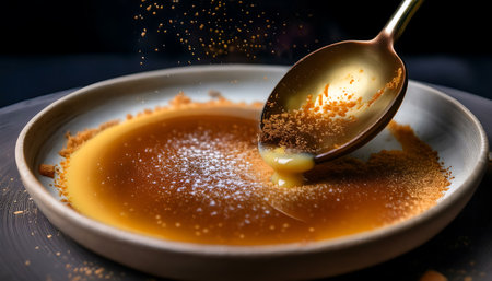 An extreme close-up shot focusing on a bowl of smooth, golden caramel custard. A metallic spoon is actively scooping a portion of the granular brown sugar topping from the surface, with fine sugar crystals falling from the spoon. The custard has a glossy, liquid appearance, and the topping is textured and slightly clumped. The bowl is a light gray with a dark rim, placed on a dark surface. The lighting is dramatic, highlighting the textures and the falling sugar particles against a dark,...の素材