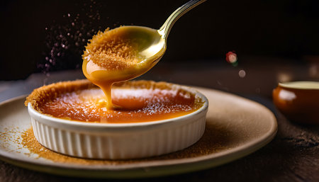 A detailed close-up of a cr?me br?l?e in a white fluted ramekin, with a spoon lifting a portion of the caramelized topping. The surface of the dessert is a deep golden-orange, with a slightly cracked caramelized crust. Liquid caramel is drizzled over the and a spoonful of granular brown sugar topping is held above the dessert, with some particles falling. The ramekin sits on a textured brown plate, with scattered brown sugar around its base. The background is dark with subtle bokeh lights.の素材