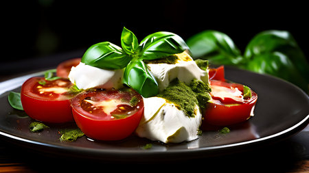 Fresh showing fresh sliced tomatoes mozzarella basil leaves dark plate closeup. resolution use. Clear details and vibrant colors enhance visual appeal. Fresh, Sliced, Tomatoes....の素材