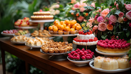 Dessert showing dessert table display with tiered cakes pastries berries and floral arrangements. resolution use. Clear details and vibrant colors enhance visual appeal. Dessert, Table, Display.の素材