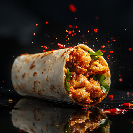 Grilled showing grilled chicken and vegetable burrito wrap cut open with spices on dark surface. resolution use. Clear details and vibrant colors enhance visual appeal. Grilled, Chicken, Vegetable.の素材