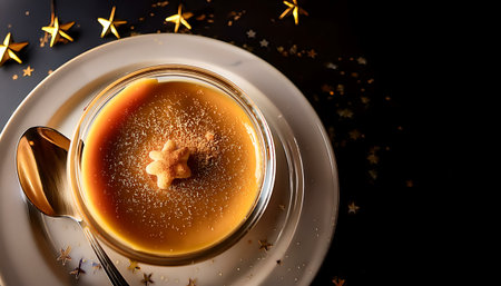 Overhead view of a spoon breaking through a glossy caramelized sugar crust on a creamy golden custard dessert. The rich amber topping contrasts with the smooth pale base, set against a dark background adorned with scattered gold star shapes. The scene evokes a festive and indulgent mood with warm lighting highlighting textures.の素材