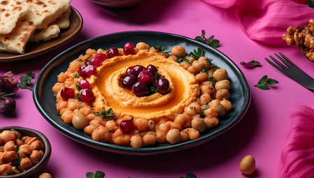 Colorful showing colorful mexican dip platter with hummus chickpeas cranberries and flatbread. resolution use. Clear details and vibrant colors enhance visual appeal. Colorful, Mexican, Platter.の素材