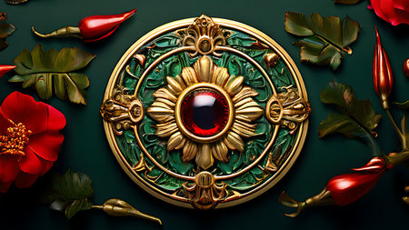 A detailed ornamental plate featuring intricate gold and green enamel with a central red circular surrounded by floral patterns. The plate is placed on a dark green background adorned with red chili peppers, green leaves, and red flowers, creating a rich and festive composition.の素材
