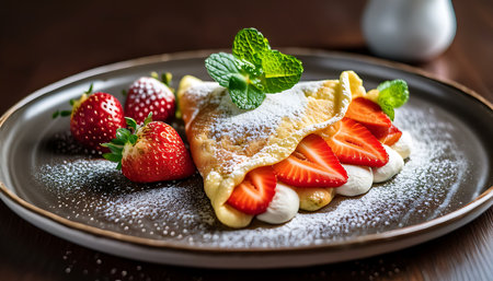 A beautifully plated strawberry crepe garnished with fresh mint leaves and a dusting of powdered sugar.の素材