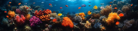 A vivid underwater scene showcasing a colorful coral reef teeming with diverse marine life.の素材