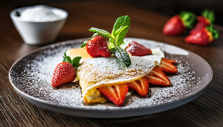 A beautifully plated strawberry crepe garnished with fresh mint leaves and powdered sugar, served on a rustic wooden table.の素材