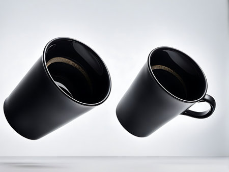 Two black coffee mugs floating in mid-air with a swirling coffee pattern inside them.の素材
