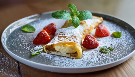 A beautifully presented crepe topped with fresh strawberries, mint leaves, and powdered sugar on a white plate.の素材