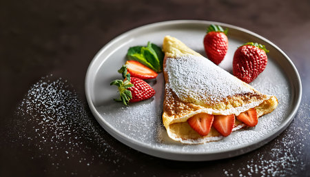 A delicious crepe filled with fresh strawberries, dusted with powdered sugar, and garnished with whole strawberries on a white plate.の素材