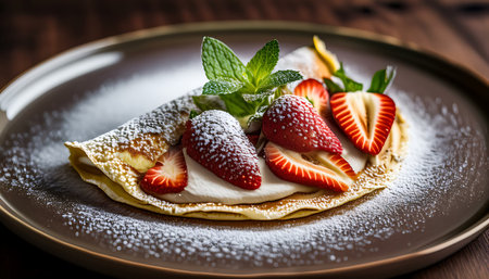 A delicious crepe topped with fresh strawberries, cream, and mint leaves, dusted with powdered sugar on a dark plate.の素材