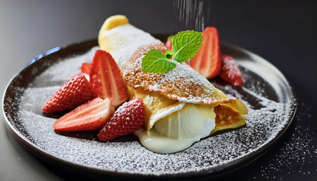 A delicious crepe filled with cream and topped with fresh strawberries and mint leaves, dusted with powdered sugar.の素材