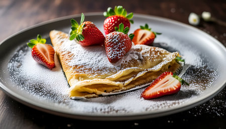 A beautifully plated dish featuring golden crepes topped with fresh strawberries and powdered sugar.の素材