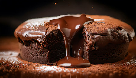 A close-up of a freshly baked chocolate lava cake with a rich, gooey chocolate center, dusted with powdered sugar and served on a rustic wooden table. Perfect for dessert lovers.の素材