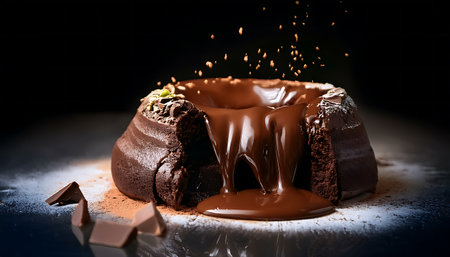 A close-up of a freshly baked molten chocolate lava cake with rich, gooey chocolate sauce oozing out from the center, surrounded by crumbled chocolate pieces on a dark background.の素材