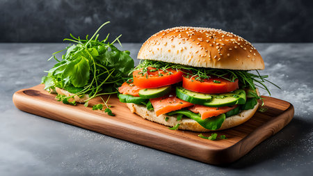 A mouth-watering smoked salmon burger garnished with fresh tomato, cucumber, and lettuce, served on a wooden board with a side of mixed greens. Perfect for a healthy and delicious meal.の素材