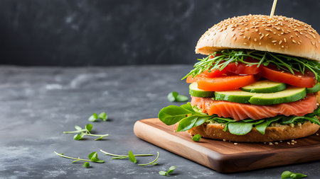A mouthwatering salmon burger topped with fresh vegetables and greens, beautifully presented on a rustic wooden board. Perfect for a healthy and delicious meal.の素材