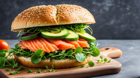A mouthwatering smoked salmon burger presented on a wooden cutting board, topped with fresh cucumber slices, lettuce, and herbs, set against a dark background.の素材
