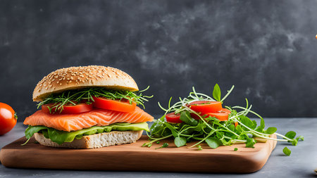 A mouthwatering smoked salmon burger garnished with fresh greens and tomato slices, artfully presented on a rustic wooden board. Ideal for a healthy and gourmet meal.の素材