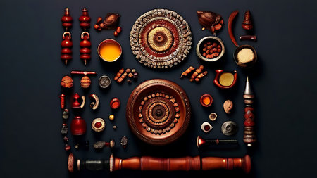 A collection of traditional Indian musical instruments and decorative items arranged on a dark background, showcasing the rich cultural heritage and intricate designs.の素材