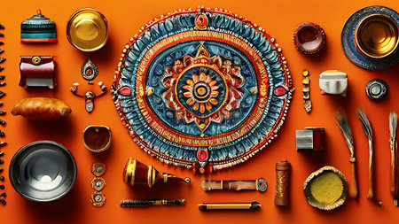 A detailed arrangement of traditional Indian wedding decorations and accessories, including intricate mandalas, ornate jewelry, and ceremonial items, set against an orange backdrop.の素材
