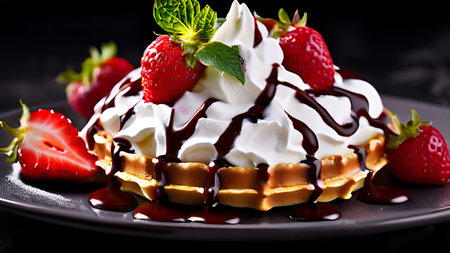 A close-up image of a mouth-watering waffle topped with fresh strawberries, whipped cream, and drizzled with chocolate syrup, set against a dark background.の素材