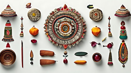 A vibrant and detailed collection of traditional Indian jewelry and accessories, including bangles, earrings, necklaces, and pendants, arranged artistically against a neutral background. Perfect for cultural and festive themes.の素材