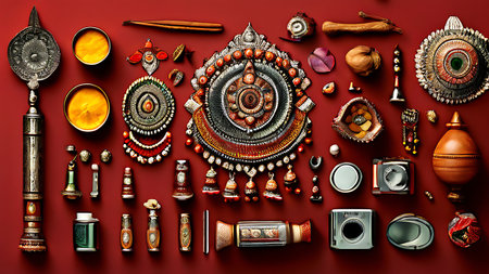 A vibrant collection of traditional Indian wedding jewelry and accessories, including necklaces, earrings, bangles, and other ornate items, beautifully arranged on a rich red background. Perfect for cultural and wedding themes.の素材