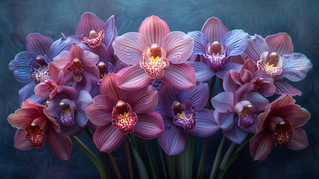A stunning arrangement of colorful orchids in shades of pink, purple, and blue, beautifully captured in soft, natural lighting. Perfect for floral design, nature photography, and home decor.の素材