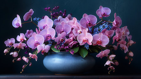 A stunning arrangement of vibrant pink orchids in a blue vase set against a dark background, creating a striking contrast and highlighting the beauty of the flowers.の素材