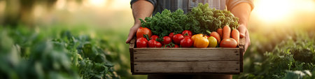 A person holding a rustic wooden basket filled with fresh, organic produce including tomatoes, apples, and greens in a lush garden setting during sunset.の素材