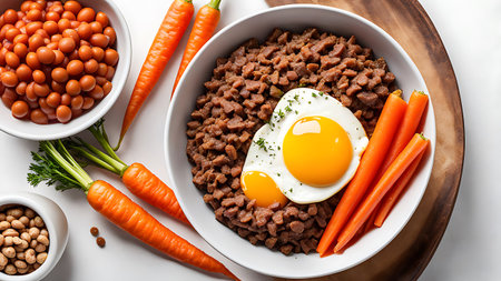 A delicious and nutritious breakfast bowl featuring lentils, a fried egg, and an assortment of fresh vegetables including carrots, beans, and broccoli, arranged beautifully on a wooden table.の素材