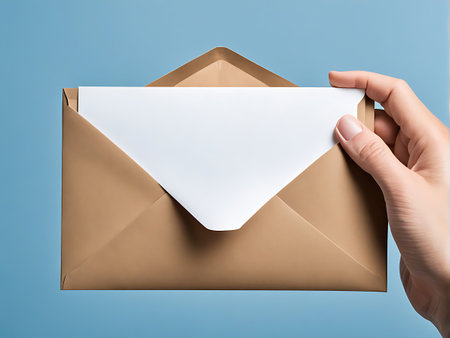 A close-up image of a hand holding an open brown envelope with a white paper inside, set against a blue background. The image highlights the act of sending or receiving a letter or important document.の素材