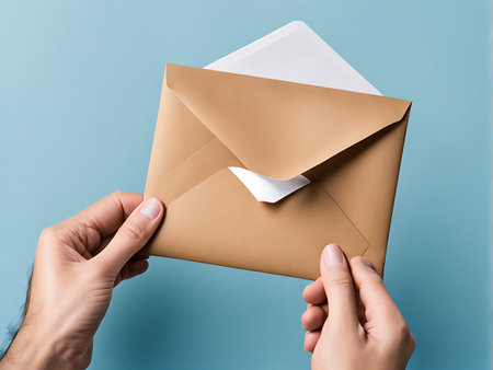 Close-up image of a hand holding a brown envelope with a white flap, set against a light blue background. The envelope is partially open, revealing a white piece of paper inside.の素材