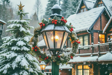 A picturesque winter scene featuring a charming Christmas village adorned with snow-covered pine trees and a beautifully decorated lamp post with holly and berries.の素材