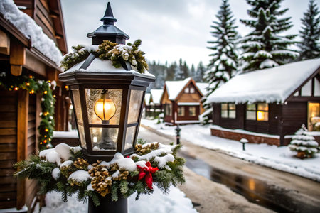 A charming winter village adorned with festive decorations, featuring a beautifully decorated lantern in the foreground, surrounded by snow-covered cabins and tall pine trees.の素材