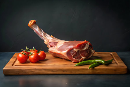 High-quality image of a raw tomahawk steak accompanied by fresh tomatoes and peppers on a wooden cutting board, set against a dark background.の素材