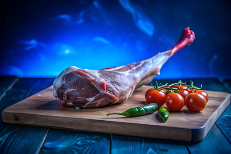 A close-up shot of a raw lamb shank resting on a wooden cutting board, surrounded by fresh vegetables including tomatoes, peppers, and herbs, set against a dark blue background.の素材