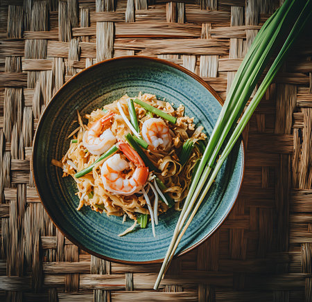 Top view of a plate of shrimp pad thai with noodles, vegetables, and sauce, accompanied by chopsticks on a woven bamboo mat. Perfect for Asian cuisine enthusiasts.の素材
