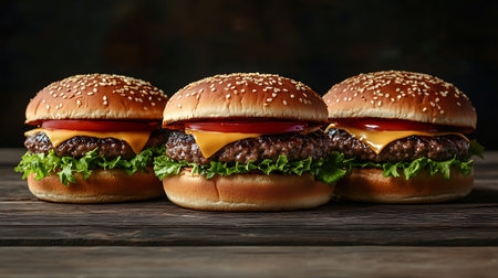 Three mouthwatering cheeseburgers with sesame seed buns, fresh lettuce, ripe tomatoes, and melted cheese, arranged on a rustic wooden table.の素材