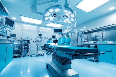 A high-tech surgical operation room featuring advanced medical equipment, including surgical lights, monitors, and various medical devices. Surgeons in sterile attire are preparing for a procedure in a clean, well-lit environment.の素材