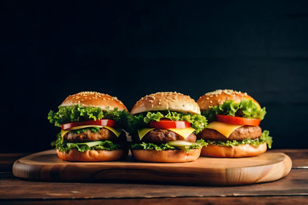 Three mouthwatering gourmet burgers with fresh lettuce, tomatoes, and cheese, artfully arranged on a rustic wooden board against a dark background.の素材
