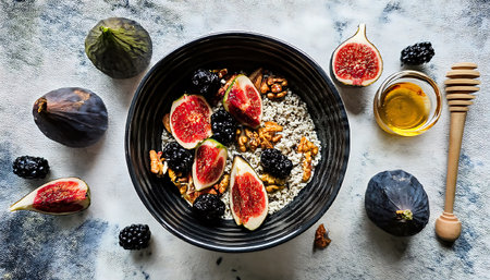 Granola Bowl with Fresh Figs, Blackberries, and Walnutsの素材